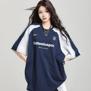 Summer 2025 College Style Letter Print Short-Sleeve T-Shirt for Girls - Loose Casual Top, Trendy Niche Design