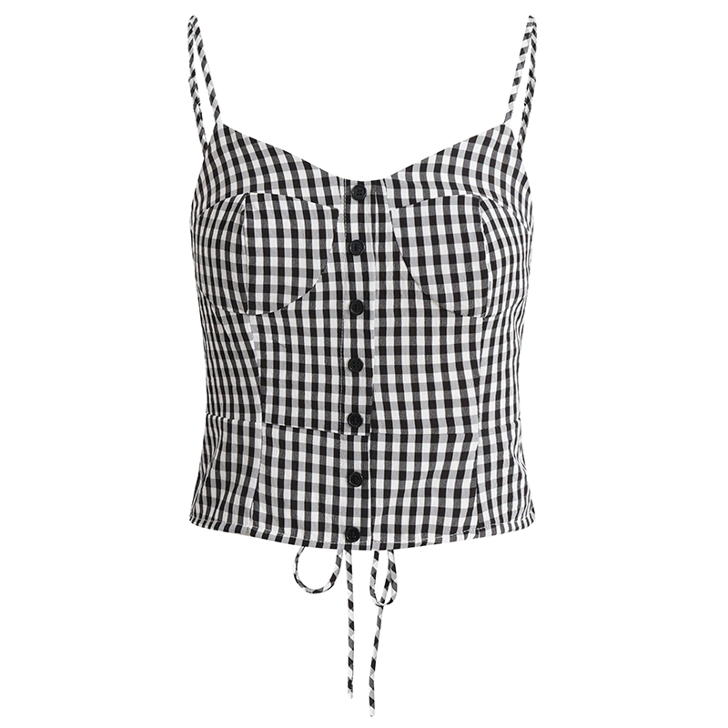 Summer 2025 Women's Black and White Checkered Short Top - French Vacation Style, Trendy and Chic Fashion