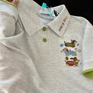 Summer 2025 Women’s Color-Blocking Polo Collar Short Sleeve T-Shirt with Embroidered Puppy - Cute Cartoon Shoulder-Reducing Style