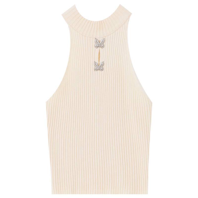 Summer American Style Halter Knitted Tank Top for Women with Butterfly Decoration, Slim Fit, Short Sleeveless, Y2K Fashion