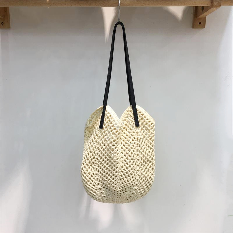 Summer Beach Tote Bag - Women's Cotton Yarn Woven Shoulder Bag with Hollow Design - Stylish Handheld Tote for 2025