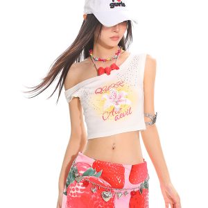 Summer Floral Print Rhinestone Design Asymmetrical Shoulder Crop Tank Top for Hot Girl Style