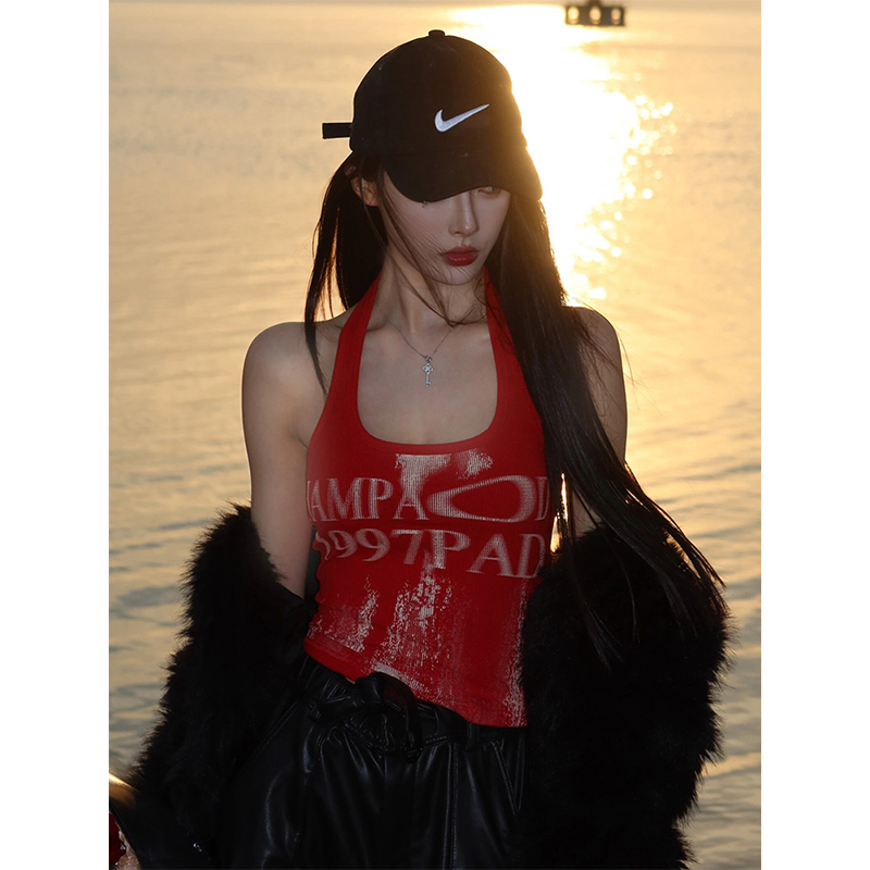 Summer Gradient Halter Top - Sleeveless Backless Shirt with Luxury Letter Print for American Street Style Spicy Girl Fashion