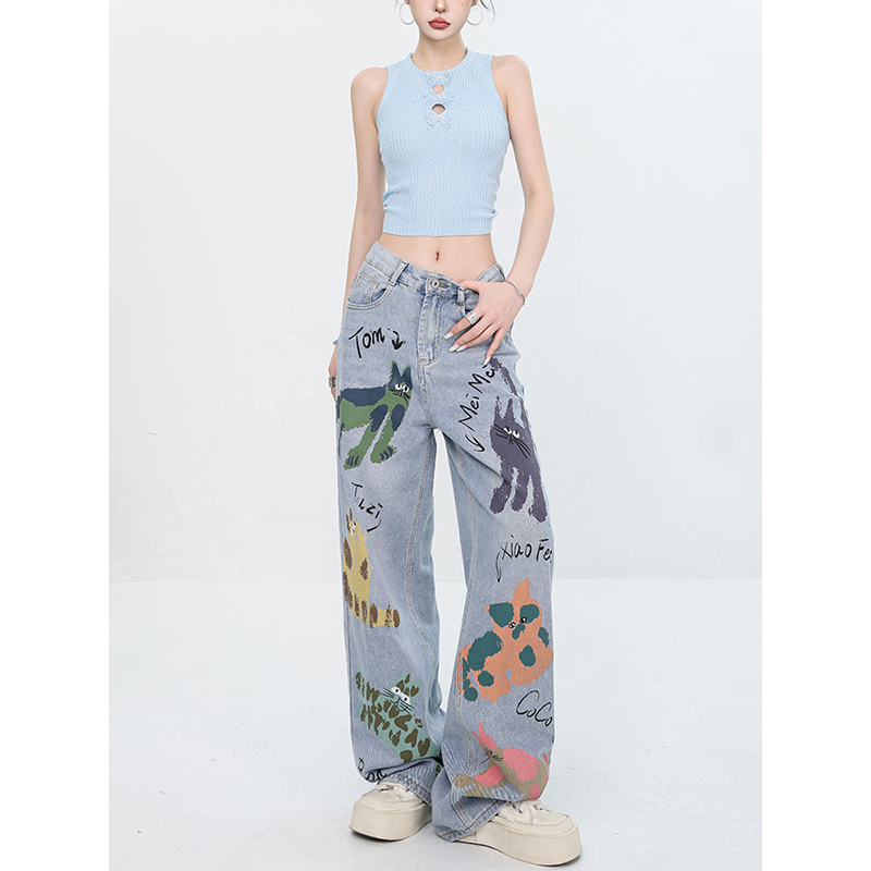 Summer Graffiti Print Denim Pants for Women - Fun Cartoon Wide-Leg Straight Style, Trendy Y2K Fashion