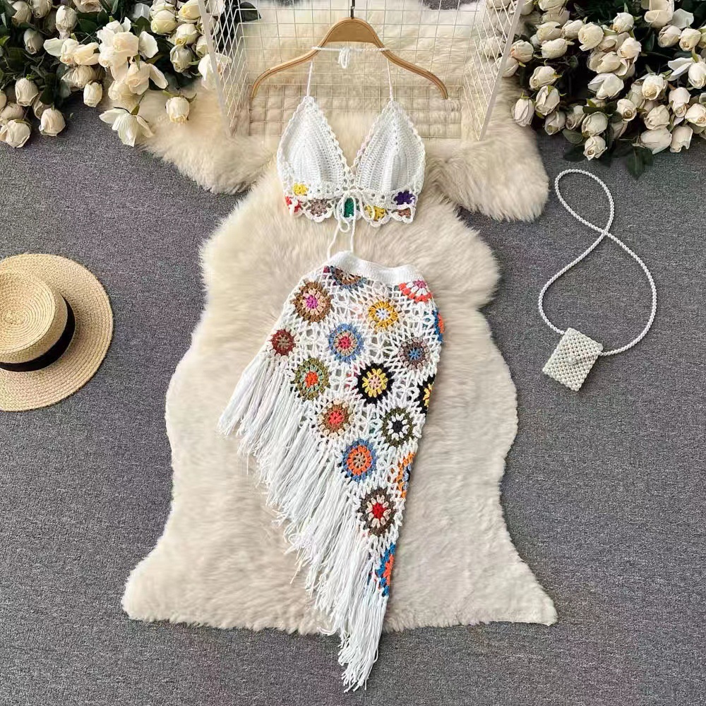 Summer Halter Neck Two-Piece Set for Women, Backless High-Waisted Skirt with Hollow-Out Design and Tassels, Beach Vacation Outfit
