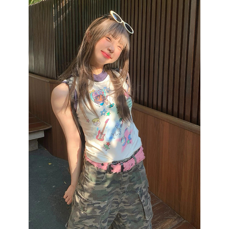 Summer Hooded Sleeveless Vest for Women, Creative Printed Slim Fit T-Shirt, Trendy Cool Style for Girls