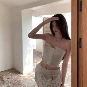 Summer Lace Splicing Fishbone Bustier & Short Skirt Two-Piece Set - Sweet Desire Aesthetic, Perfect for 90s or Y2K Style Outfits