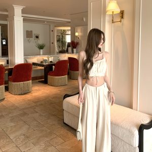 Summer Linen Wide-Leg Pants for Women - Elegant Draped Loose Beige Casual Trousers for Holiday Style