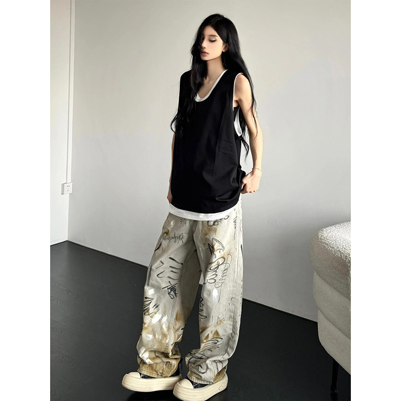 Summer Patchwork Sleeveless T-shirt Vest for Women, Loose American Street Style Two-Piece Top, Trendy Casual Fashion