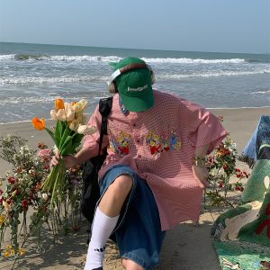 Summer Retro Floral Embroidery Short Sleeve Shirt with Denim Collar - Trendy Couple Plaid Top for 90s Y2K Style Fashion