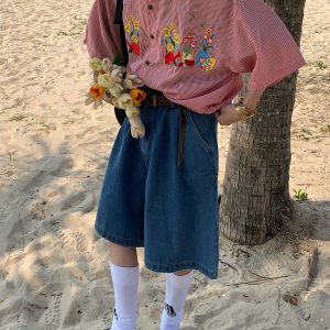 Summer Retro Floral Embroidery Short Sleeve Shirt with Denim Collar - Trendy Couple Plaid Top for 90s Y2K Style Fashion
