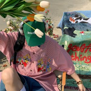 Summer Retro Floral Embroidery Short Sleeve Shirt with Denim Collar - Trendy Couple Plaid Top for 90s Y2K Style Fashion