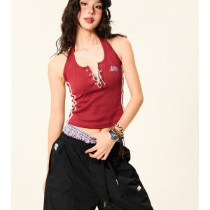 Summer Sexy Red Halter Tank Top for Women - Slim Fit American Style Sleeveless Top