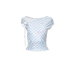 Summer Special Blue and White Plaid Asymmetrical Short Sleeve T-Shirt Slim Fit Top - Trendy Casual Style for Effortless Looks