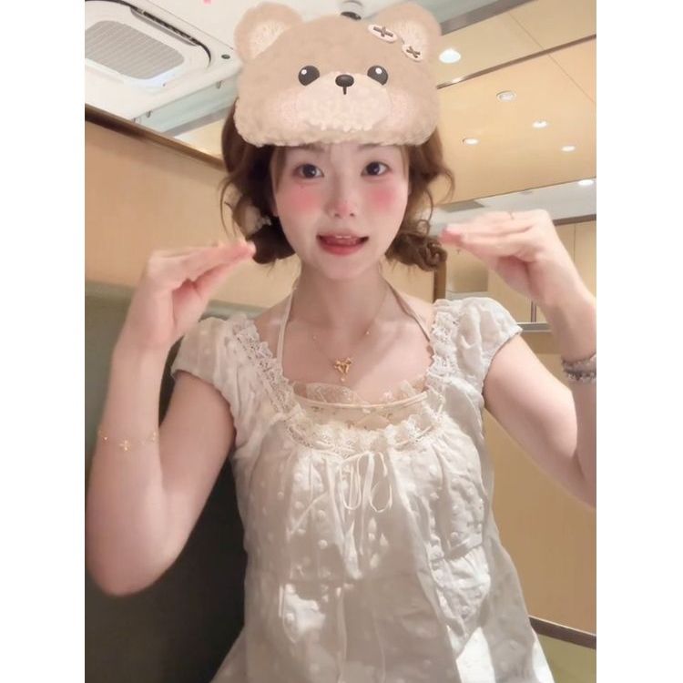 Summer Women's White Square Neck T-Shirt with Lace Spliced Puff Sleeves - French Style Sweet Fashion Top