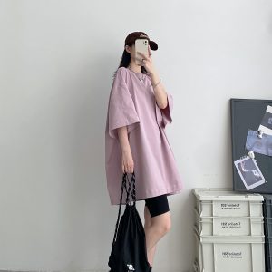 Sun Grapefruit Wide-Neck Short-Sleeve T-Shirt for Women - Unique Big Sleeve, Loose Heavyweight Cotton, Summer Style