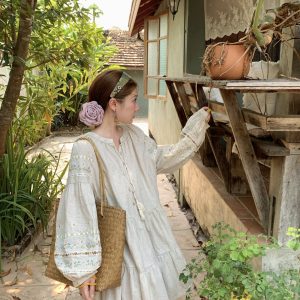 Sunny Brew Daisy Retro Linen Cotton Embroidered Long Sleeve Dress for Women - Spring Loose A-Line Maxi Dress, Vintage Style