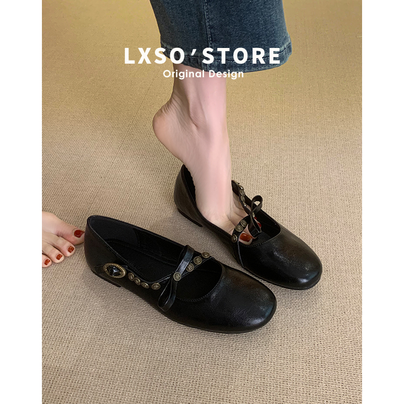 Super Soft French Style Women's Black Leather Flat Bow Ballet Shoes - Retro Mary Jane Design