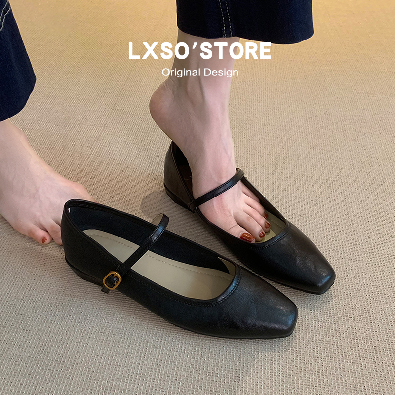 Super Soft Genuine Leather French Style Mary Jane Flat Shoes for Women, Square Toe Shallow Mouth Small Leather Shoes