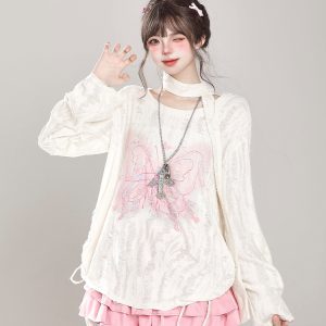 Sweet Girl Butterfly Embroidery Long Sleeve T-Shirt Sun Protection Cover-Up for Women - Spring Summer Loose Top for Lazy Style