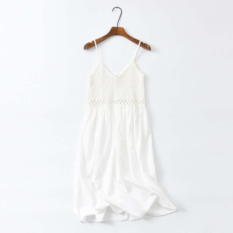Sweet Hollow Knitted Camisole Dress - Summer Seaside Fairy Style with Waist-Cinching Design in White