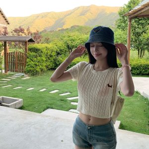 Sweet Orange Soda Short Sleeve Knitted Top - Women's Summer Round Neck T-Shirt, Regular Shoulder, Dopamine Style, Casual Fashion