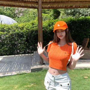 Sweet Orange Soda Short Sleeve Knitted Top - Women's Summer Round Neck T-Shirt, Regular Shoulder, Dopamine Style, Casual Fashion