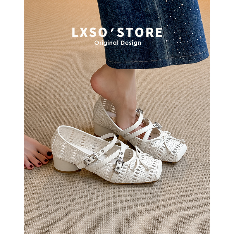 Sweet Style Sheepskin Cross Strap Square Toe Bow Mary Jane Shoes for Women - Woven Hollow Breathable Chunky Heel Flats