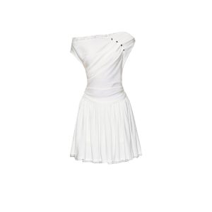 Tide Shell Pleated Asymmetrical Lace White Knitted Dress with Waistline - Trendy 90s Inspired Fashion Dress