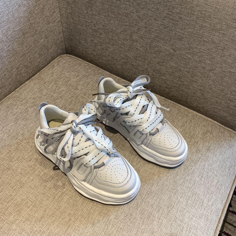 Trendy Lace-Up Casual Sneakers for Women - Versatile Thick-Soled Genuine Leather White Shoes for Spring 2025