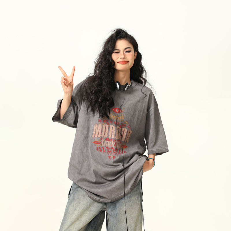 Trendy Retro High Street Printed Short-Sleeve T-Shirt for Men and Women, Vintage Wash Style, 90s Inspired Fashion