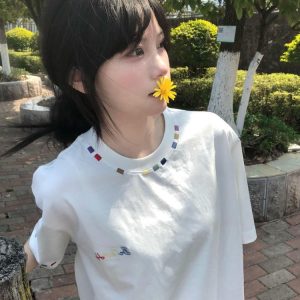 Trendy White Short Sleeve T-Shirt for Women with Embroidery - Summer 2025 American Style Niche Design