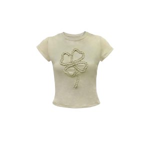 Two-Color Pleated Lucky Four-Leaf Clover Short Sleeve Slim Fit T-Shirt - Trendy Y2K Style Top for Casual Outfits