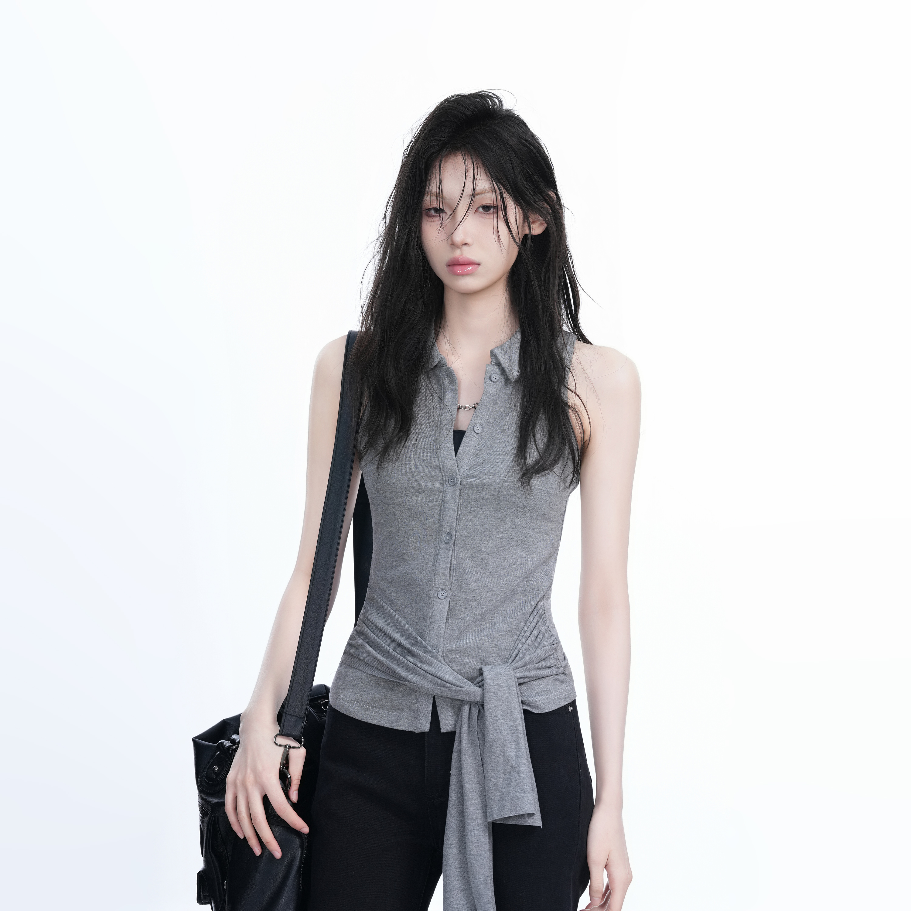 Unique Sleeveless T-Shirt for Women with Cinched Waist and Button Cardigan Design - Trendy Casual Style
