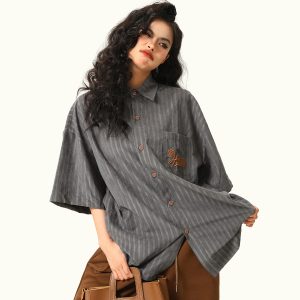 Unisex Deep Gray Short-Sleeve Work Shirt - Loose Fit American Style Summer Couples Top