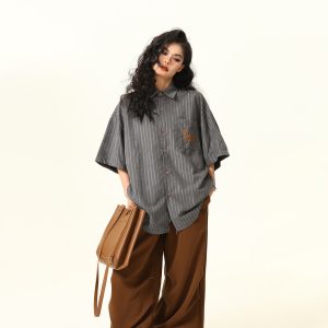 Unisex Deep Gray Short-Sleeve Work Shirt - Loose Fit American Style Summer Couples Top