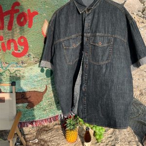 Unisex Distressed Denim Short Sleeve Shirt - Vintage Washed Loose Fit Summer Top for Trendy 90s Y2K Style