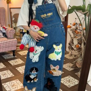 Unisex Handmade Vintage Dog Denim Overalls, Loose BF Style, Cute Japanese Jumpsuit, Trendy 90s Aesthetic