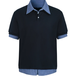 Unisex Plaid Polo Spliced Two-Piece Short Sleeve T-Shirt - Casual Summer Style, American Fashion, Loose Fit
