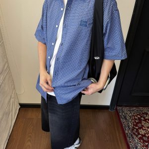 Unisex Vintage Blue Plaid Short Sleeve Shirt - Casual Embroidered Summer Style, Loose Fit, High-End Trend
