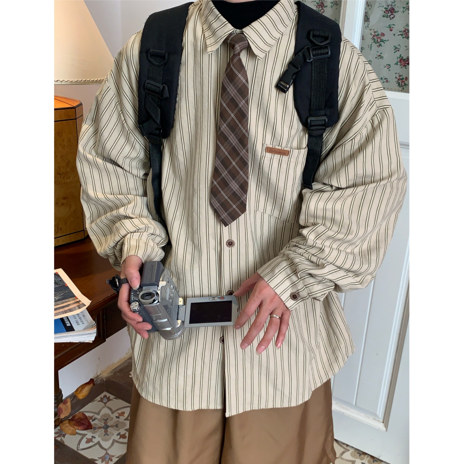 Unisex Vintage Striped Long Sleeve Shirt - Handmade Versatile Tie Top for Spring & Autumn, Relaxed Fit Fashion Essential