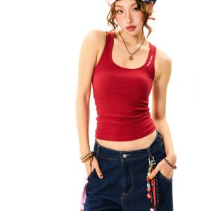 Versatile Red Camisole for Women - Vintage Slim Fit Summer Top - Basic Essential Fashion Piece