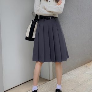 Versatile White High-Waisted Pleated A-Line Skirt for Women - Plus Size Mid-Length JK Style Over-the-Knee Half Skirt