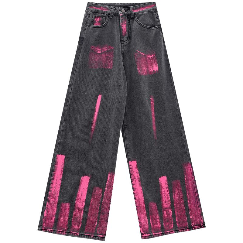 Vintage American Graffiti Denim Pants for Women - Loose Draped Straight-Leg Wide-Leg Style, 90s Inspired Fashion