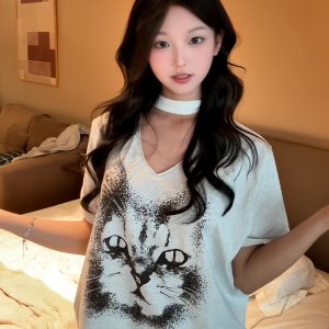 Vintage American Heavyweight Cat Face Print T-Shirt for Women - Summer V-Neck Short Sleeve Loose Fit White Top