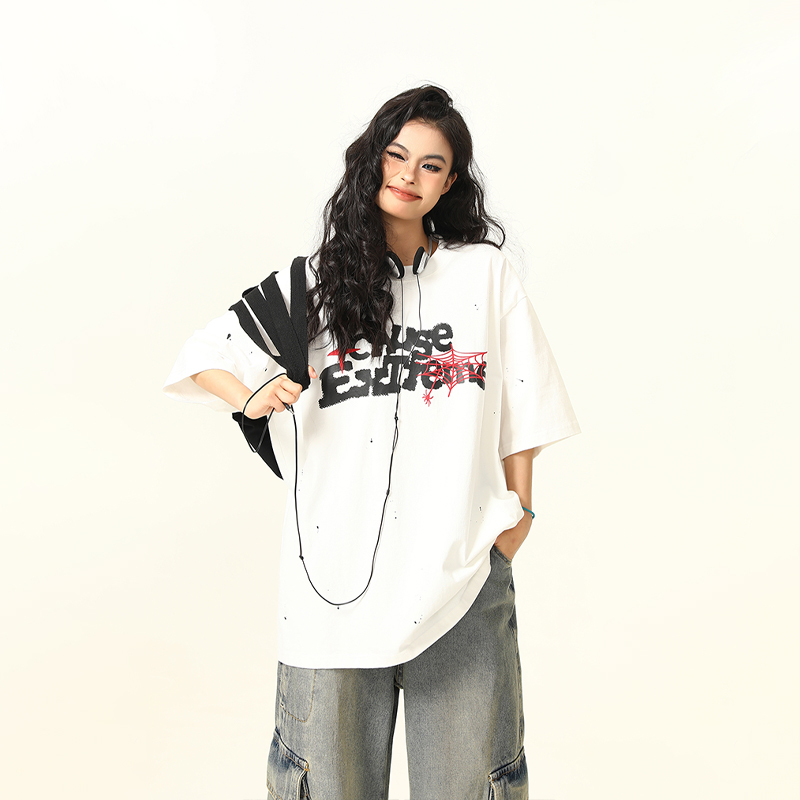 Vintage American Letter Print Heavyweight Unisex Short Sleeve T-Shirt - Versatile 90s Style Loose Fit Round Neck Tee