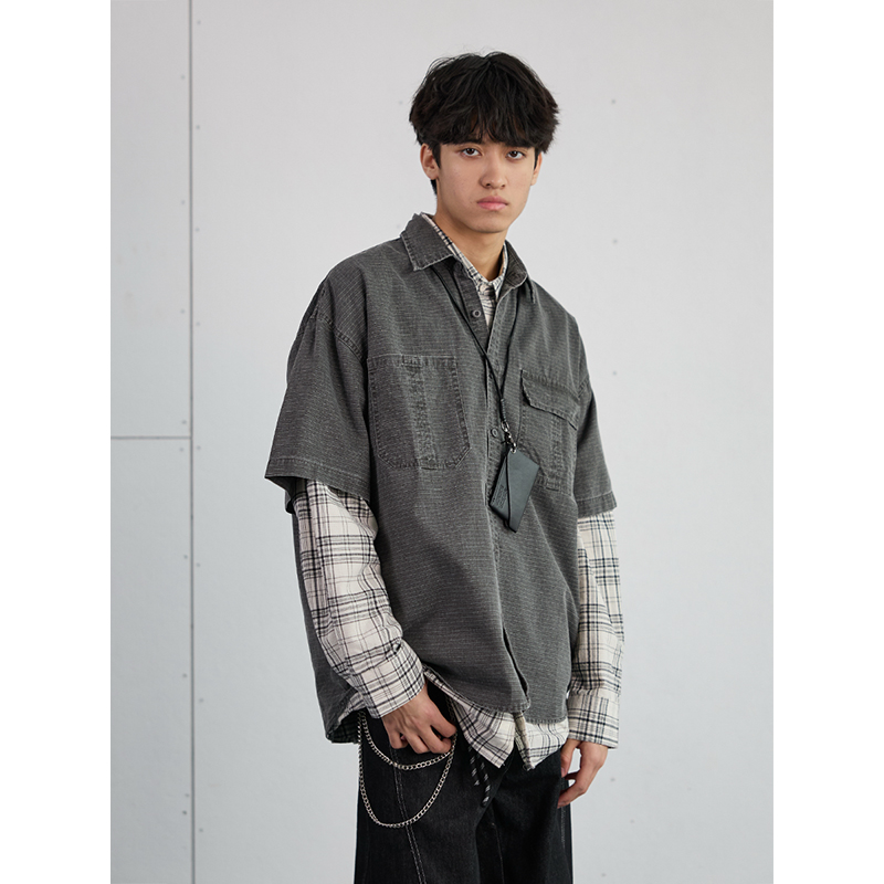 Vintage American Plaid Short-Sleeve Shirt for Men - Retro Workwear Style, Washed Summer Essential 2025
