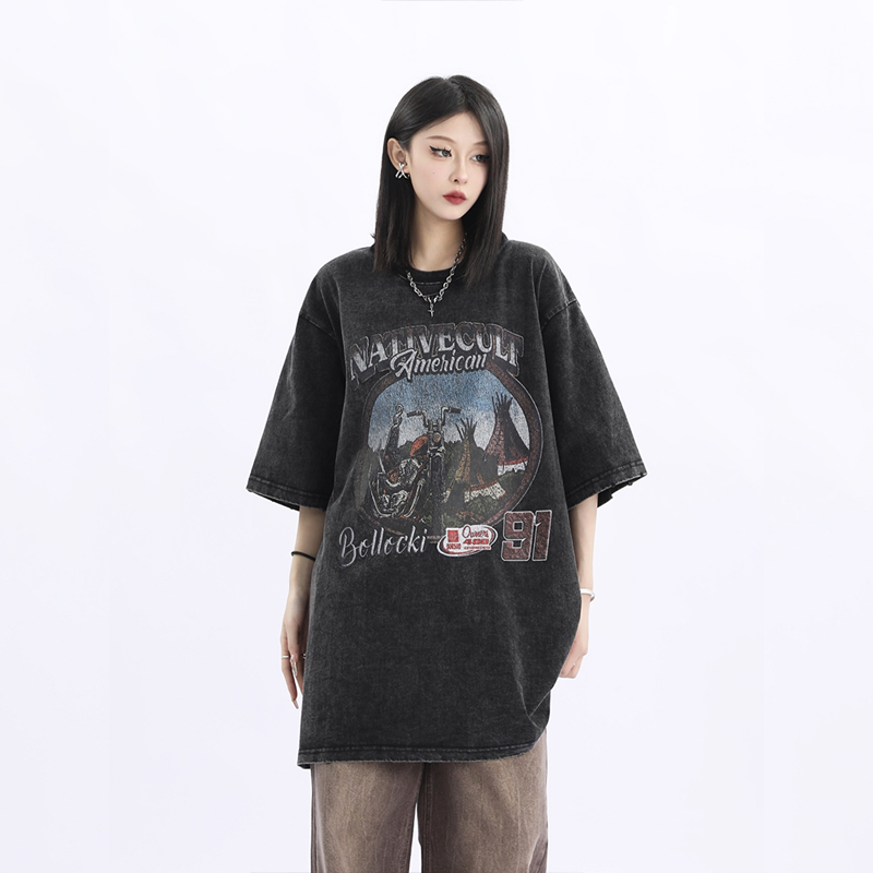 Vintage American Retro High Weight Short Sleeve Women's T-Shirt - Washed Heavy Fabric - High Street Style