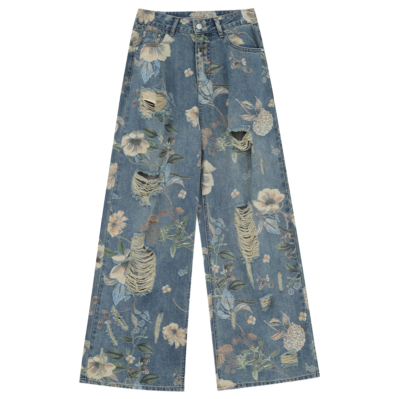 Vintage American Ripped Jeans with Print - Retro 90s Style Distressed Denim Pants for Trendy Casual Wear
