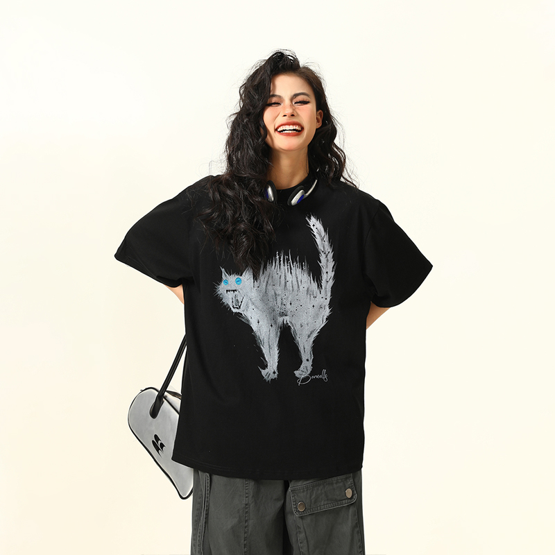 Vintage American Street Cat Short Sleeve T-Shirt for Men and Women, Loose Fit, Niche Design, Versatile Couple Style